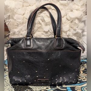 Fossil Black Leather Satchel with Gold Accents